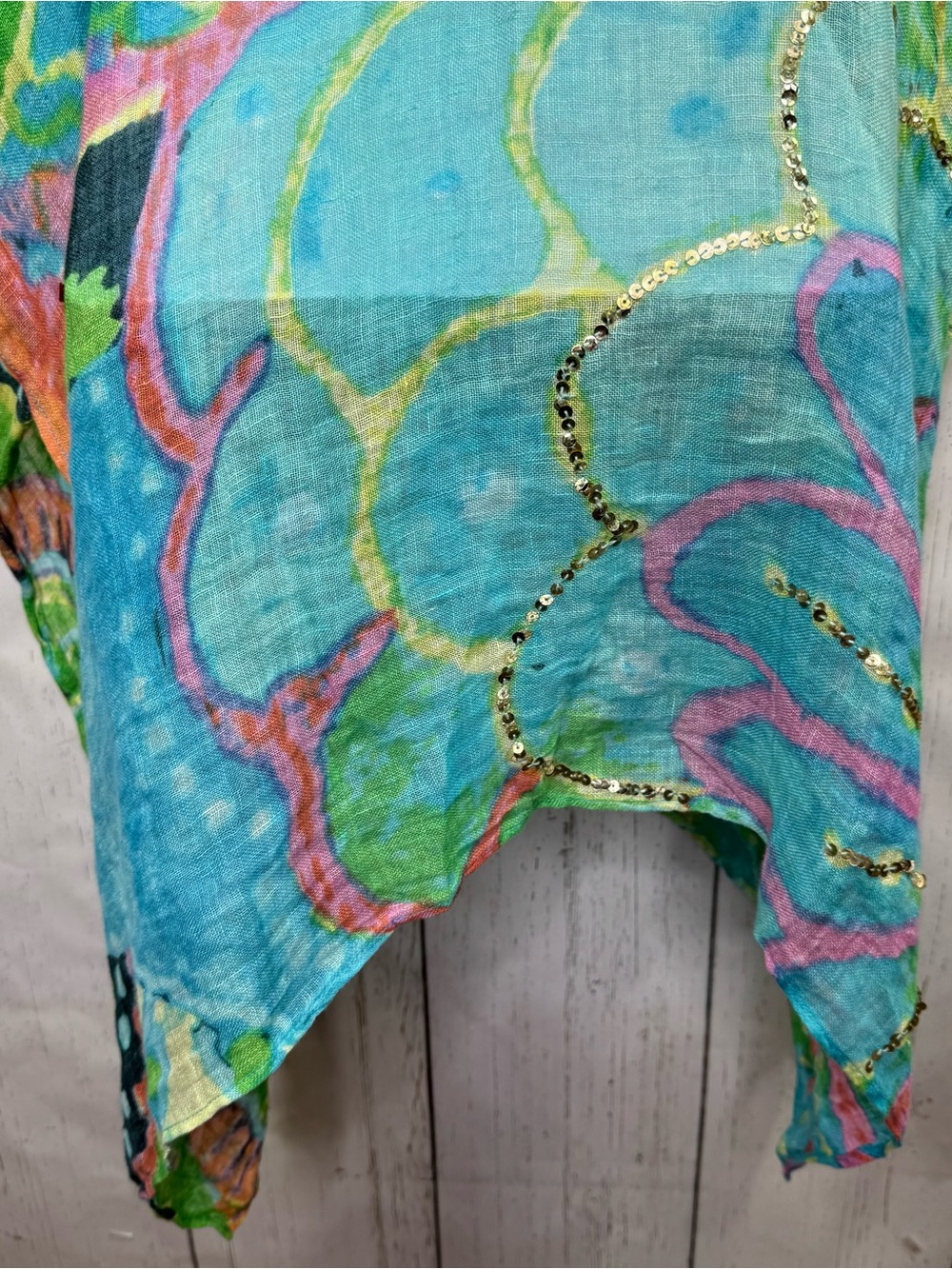 Chicos Multicolor Linen Sequin Embellished Kimono Cover Up Boho Art To Wear - Picture 7 of 9